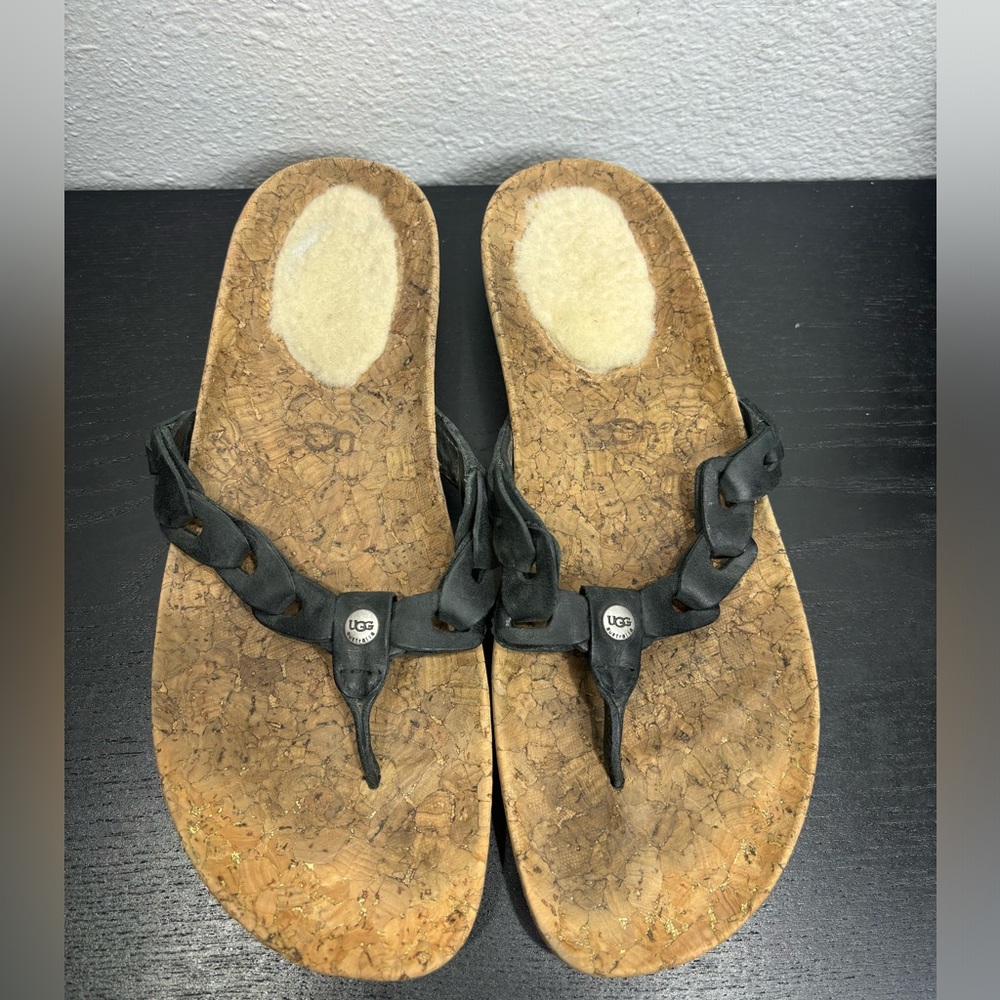 UGG Australia 7 Black Leather Braided Thong Cork Flip Flops Shearling Sandals‎